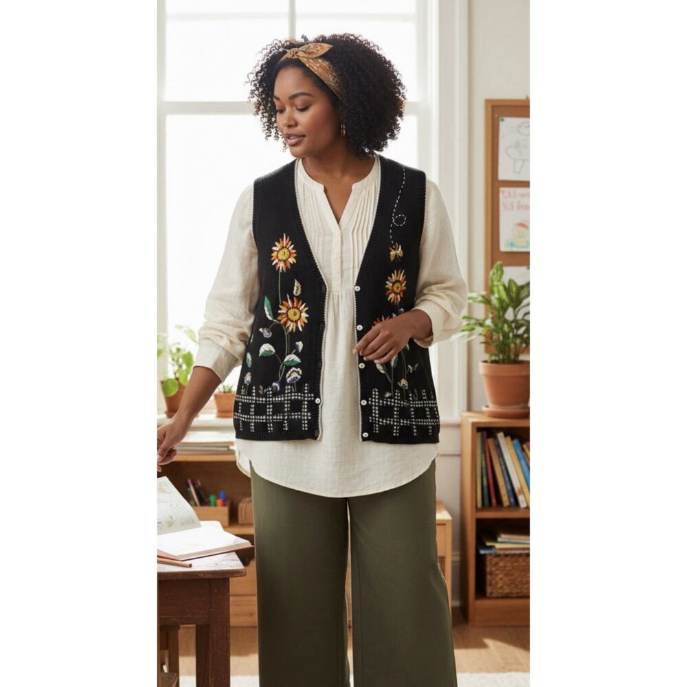 Vtg Cottagecore Embroidered Sunflower Sweater Vest Teacher Grandma Core 3X Plus
